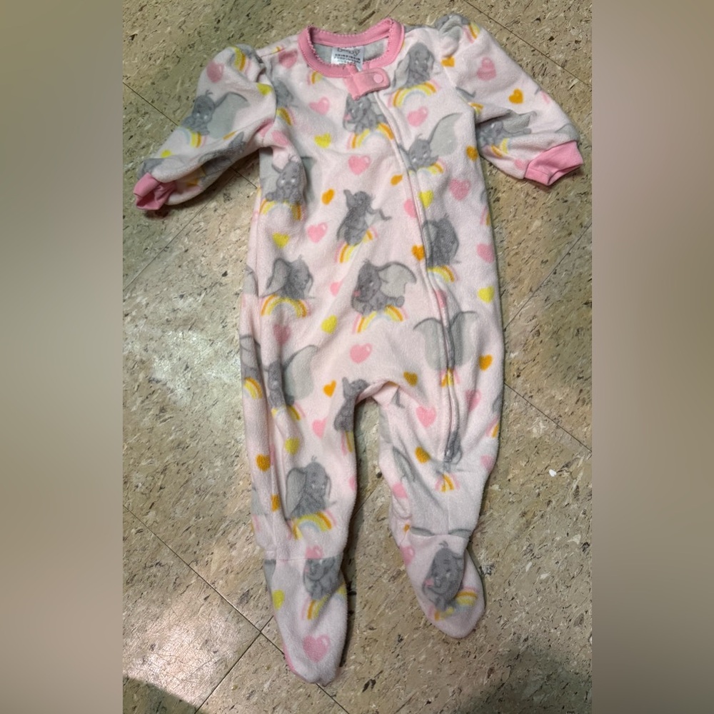 Girl DISNEY BABY Pink Gray Dumbo Fleece Zip Up One Piece Pajamas Pj’s Sz 6-9m